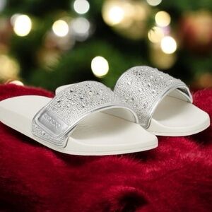 Jimmy Choo crystal embellishment Ivory Satin and Metallic Nappa Slides sz 7.5- 8